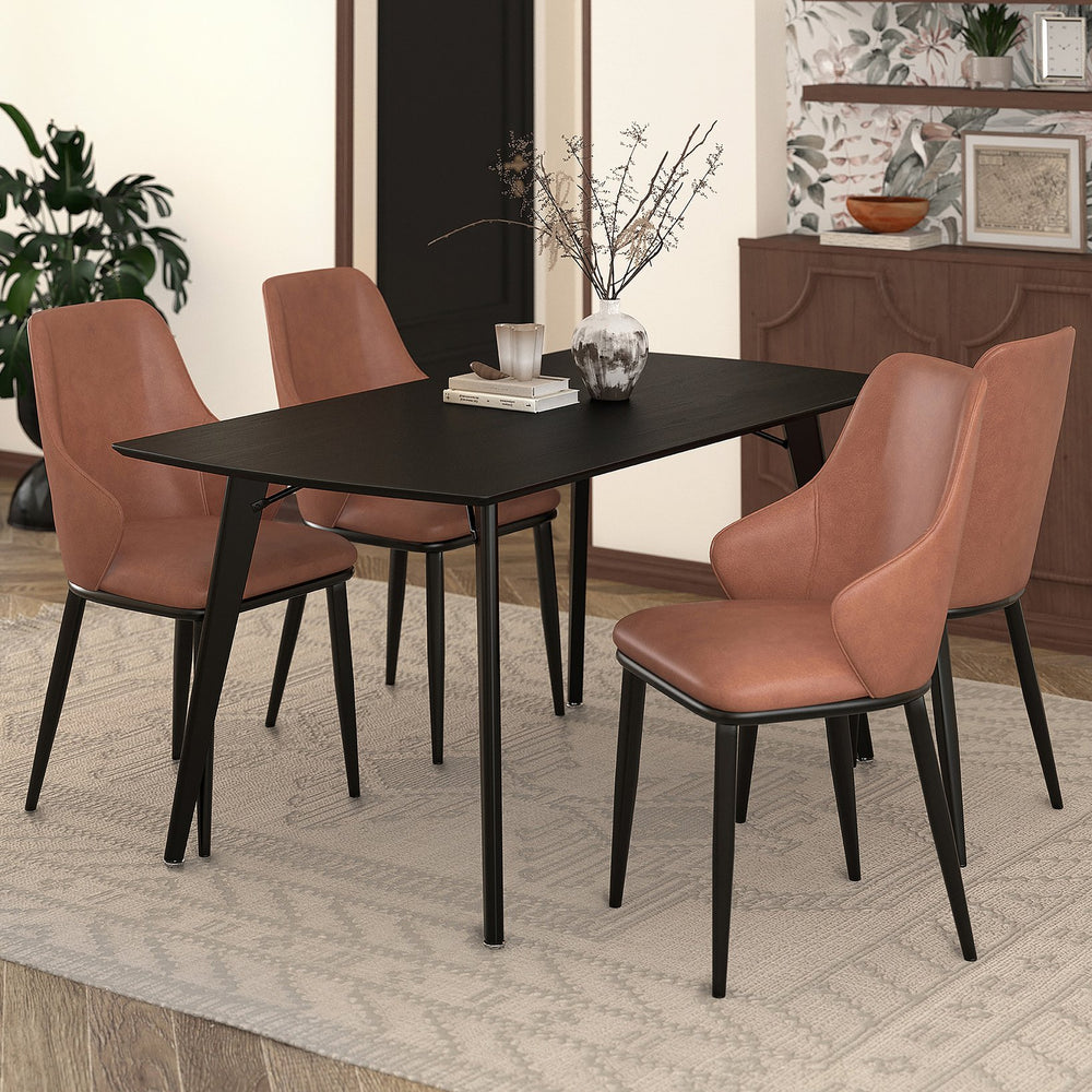 Worldwide Home Furnishings Leon 5-piece Dining Set: Contemporary Wood Grain Table With Ergonomic Chairs For Small Spaces Black Table,Saddle Chair Mdf,Metal,Faux Leather 207-893blk_084sd