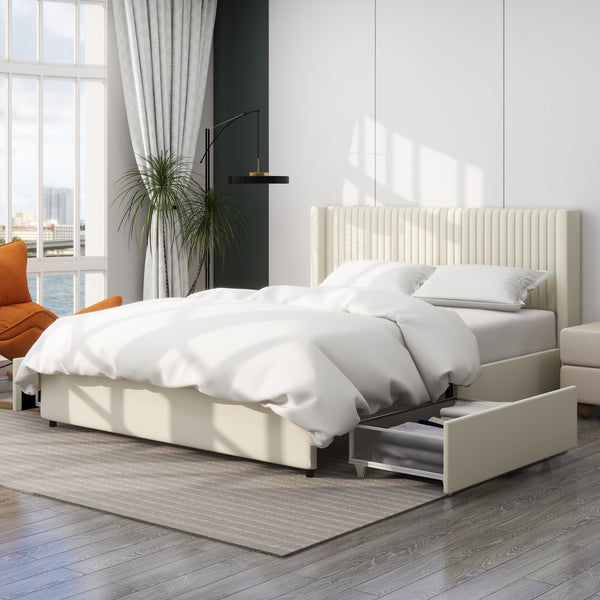 English Elm Anna Ivory Velvet 2-Drawer Storage Bed Queen with Vertical Channel Tufted Headboard, No Box Spring Needed B083P156196
