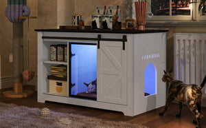 English Elm 46" Farmhouse Litter Box Enclosure with Barn Door Led Lighting and Storage Cabinet N704P402453K