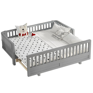 English Elm Twin Size Platform Bed With Guardrails - Stylish, Solid Wood Frame Converts To Double Twin, Grey W1580S00240-GIGA