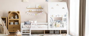 English Elm Full Bunk Bed with Trundle Bookshelf Storage Pine Frame Car Design for Kids Light White W1580S00295
