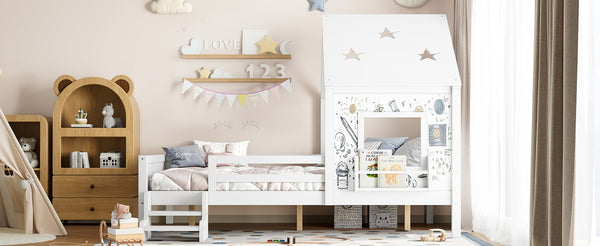 English Elm Full Bunk Bed with Trundle Bookshelf Storage Pine Frame Car Design for Kids Light White W1580S00295