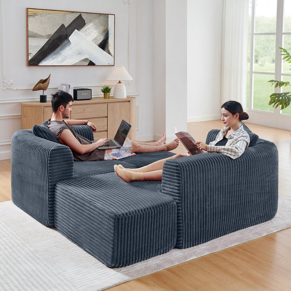English Elm 114" Cloud Sectional Couch with L-Shape Chaise Modular Corduroy Sofa with Movable Ottoman, No Assembly Required, Plush Comfort for Living Spaces Grey W1117P371652