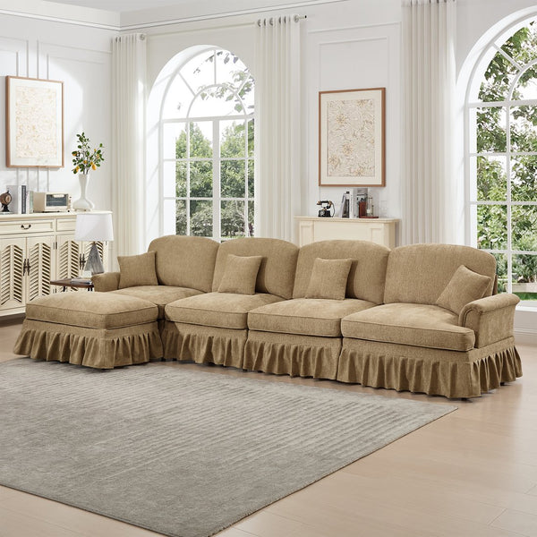 English Elm Classic Modular Chenille Sectional Couch - L-Shaped, Flared Arms, Removable Skirts & Movable Ottoman W3041S00250