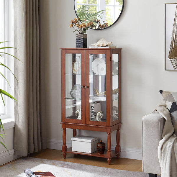 English Elm Curio Lighted Display Cabinet with Mirrored Back, Tempered Glass Doors, Solid Wood Legs, Compact Walnut W1693P216941