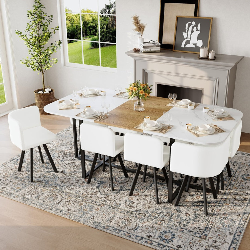 English Elm 9-piece Square Dining Set Faux Marble Wood Grain Table with 8 Pu Leather Chairs W3875S00147