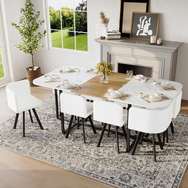 English Elm 9-piece Square Dining Set Faux Marble Wood Grain Table with 8 Pu Leather Chairs W3875S00147