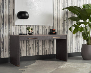 Sunpan Altman Retro-Inspired Desk with Soft-Closing Drawers and Dark Grey Oak Veneer Top for Stylish Offices