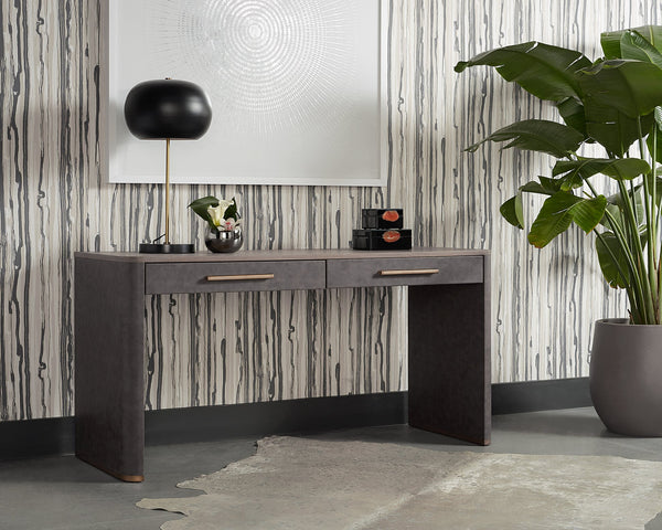 Sunpan Altman Retro-Inspired Desk with Soft-Closing Drawers and Dark Grey Oak Veneer Top for Stylish Offices