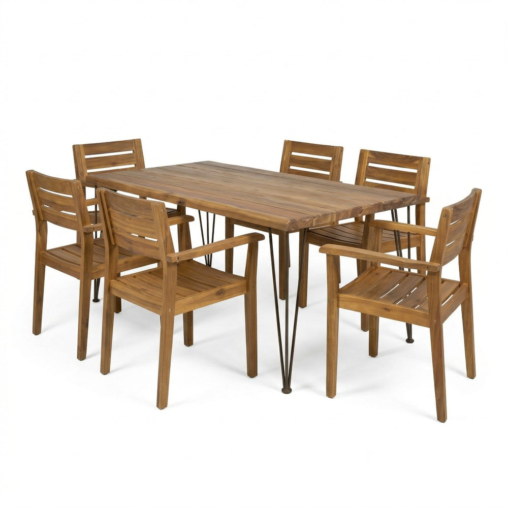 English Elm 7 Piece Solid Acacia Outdoor Dining Set with Iron Hairpin Legs Teak Finish Seats Six N762S000035AAA