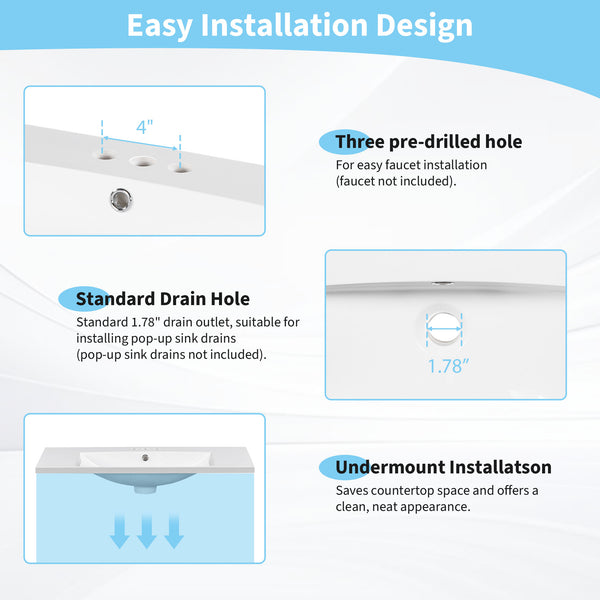 English Elm [Sink 36x18" Rectangular 3-Hole Resin Bathroom Sink, 4" Center Set, Durable White Vanity Top, Fits Standard Drain WF316073AAK