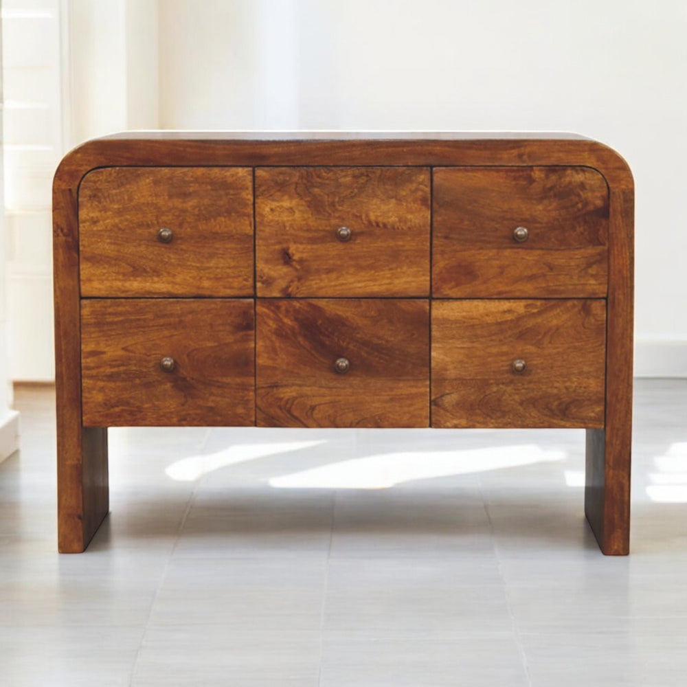 English Elm Darcy Handcrafted 100% Solid Mango Wood 3-over-3 Chest in Chestnut Finish with Brass Knobs (47.2" L) B182P301321