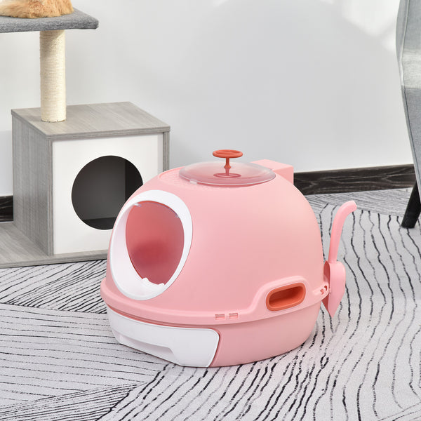 English Elm PawHut Space Capsule Covered Cat Litter Box with Removable Tray, Front Door Access & Odor Control Pink W2225P229457