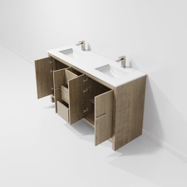 English Elm Rustic Acacia Double Bath Vanity 60" W With White Quartz Top & Gun Metal Faucet Set For Elegant Storage B2731P259212-GIGA