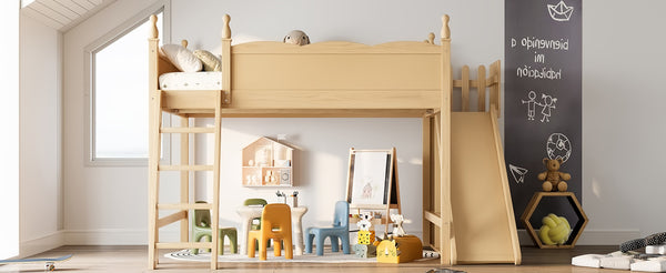 English Elm Queen Solid Pine Loft Bed with Wardrobe Shelves Detachable Slide and Dual Sleeping Zones Natural W5305S00027