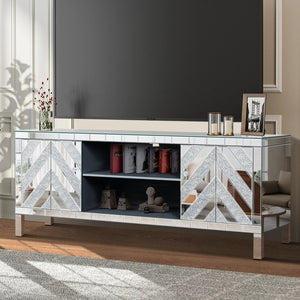 English Elm Mirrored Tv Stand For 65+ Inch Tvs - Glamorous Silver Console With Open Shelves & Stylish Cabinets W1445P204028