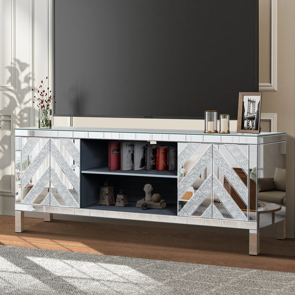 English Elm Mirrored Tv Stand For 65+ Inch Tvs - Glamorous Silver Console With Open Shelves & Stylish Cabinets W1445P204028