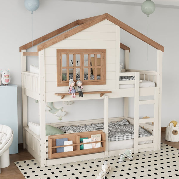 English Elm Full Bunk Bed with Trundle Bookshelf Storage Pine Frame Car Design for Kids W1580S00324