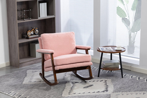 English Elm Mid Century Modern Rocking Chair Solid Wood Frame Upholstered Seat with Lumbar Cushion Light Pink W2530P419008