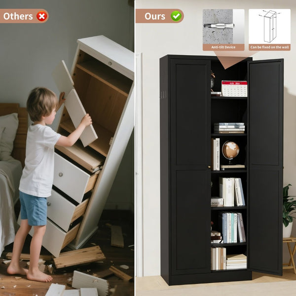 English Elm 61" Matte Black Steel Freestanding Pantry Cabinet with 4 Adjustable Shelves Modern Farmhouse T2398P465984
