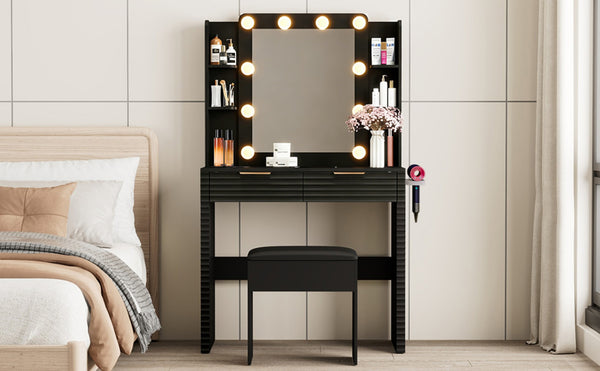 English Elm Makeup Vanity with Hollywood Bulbs Fluted Mdf Dressing Table Glam Storage Stool N704P340251B