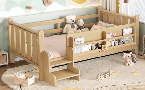 English Elm Twin Pine Floor Bed with Guardrails Built-in Bookcases and Stair Steps for Kids W1580P430184