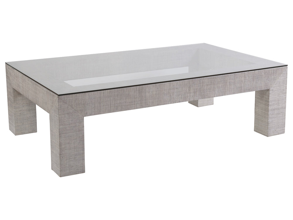 Lexington Artistica Home Precept Rectangular Cocktail Table - Elegant Veneered Raffia Base With Stunning Tempered Glass Top Gray Wood 2077-945c