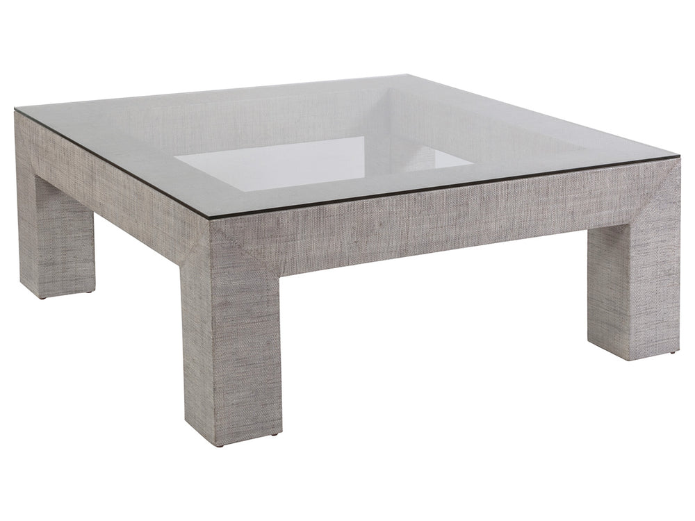Lexington Artistica Home Precept Square Cocktail Table – Unique Mixed Media Design With Raffia Base And Tempered Glass Top Gray Wood 2077-947c