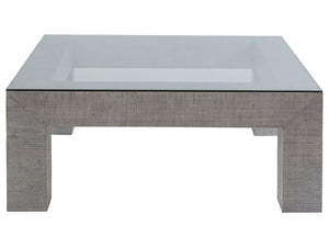Lexington Artistica Home Precept Square Cocktail Table – Unique Mixed Media Design With Raffia Base And Tempered Glass Top Gray Wood 2077-947c