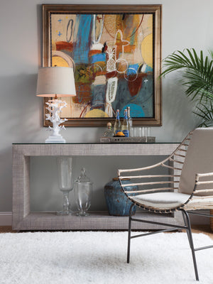 Lexington Artistica Home Precept Console Table - Elegant Mixed Media Design With Raffia Base And Tempered Glass Top For Home Gray Wood 2077-966c