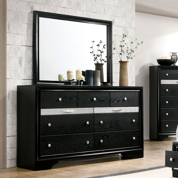 English Elm Black Dresser w Mirror Set – Gleaming Black Finish, Silver Accents, Hidden Jewelry Drawer, 63"W Elegance B2741S00553