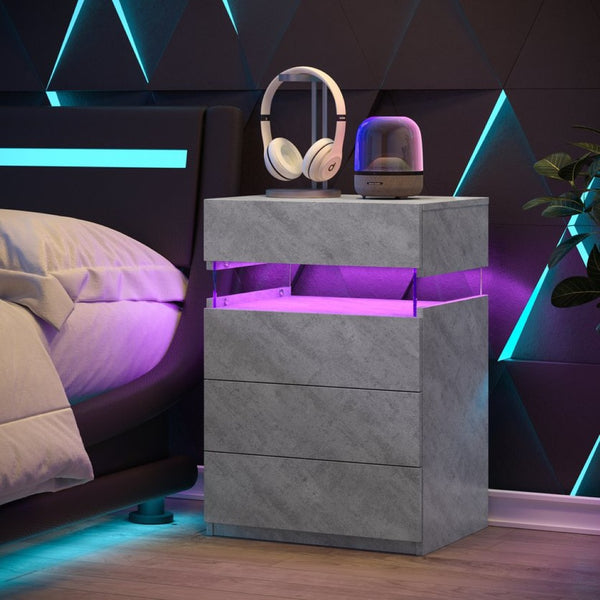 English Elm Nightstand with Led Backlighting Acrylic Panel Four Drawers Modern Bedroom Side Table Grey W2178P246214