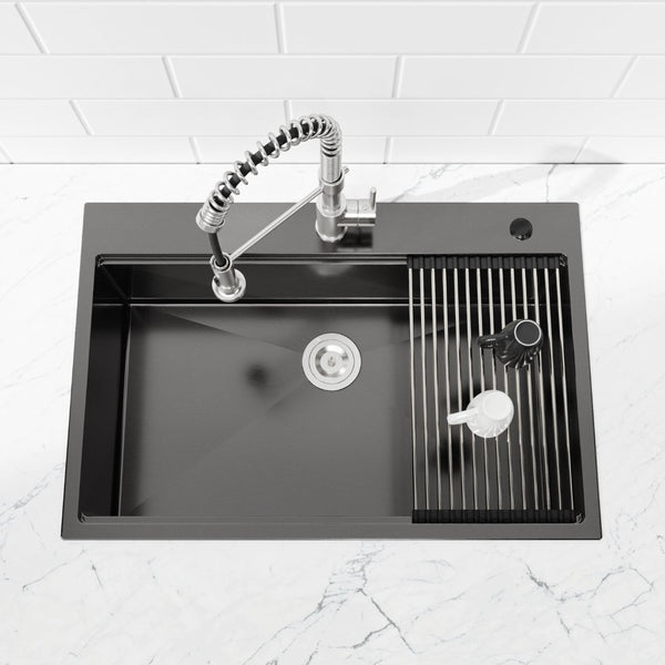 English Elm Stainless Steel Handmade Black Single Bowl Kitchen Sink with Cutting Board and Colander T3177P296187