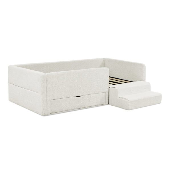 English Elm Twin Boucle Upholstered Kids Bed with Guardrails Built in Storage and Cushioned Step Stool Beige W1413P433364