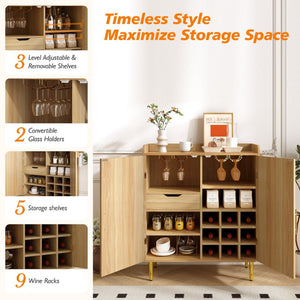 English Elm Modern Fluted Bar Cabinet with Wine Rack Glass Holders Adjustable Shelving and Hidden Drawer Natural N728P438606N