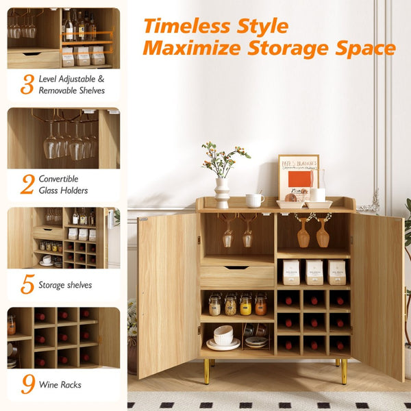 English Elm Modern Fluted Bar Cabinet with Wine Rack Glass Holders Adjustable Shelving and Hidden Drawer Natural N728P438606N