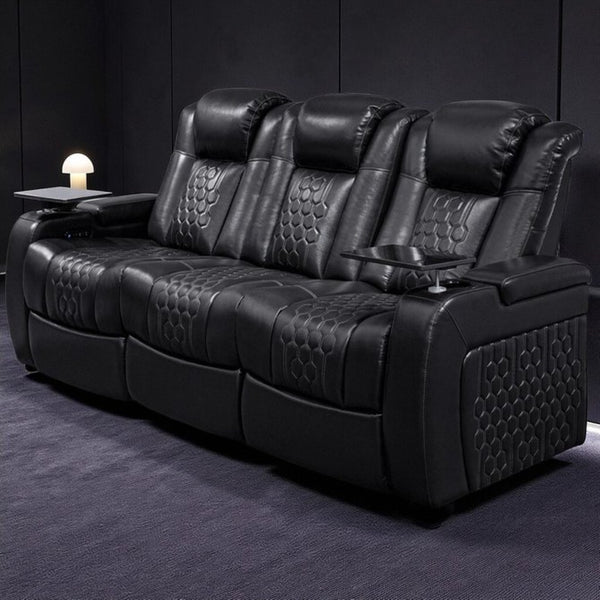 English Elm 86.6"power Recliner Set Genuine Nappa Leather Home Theater Rgb Lighting Usb Charging Black W3819S00091
