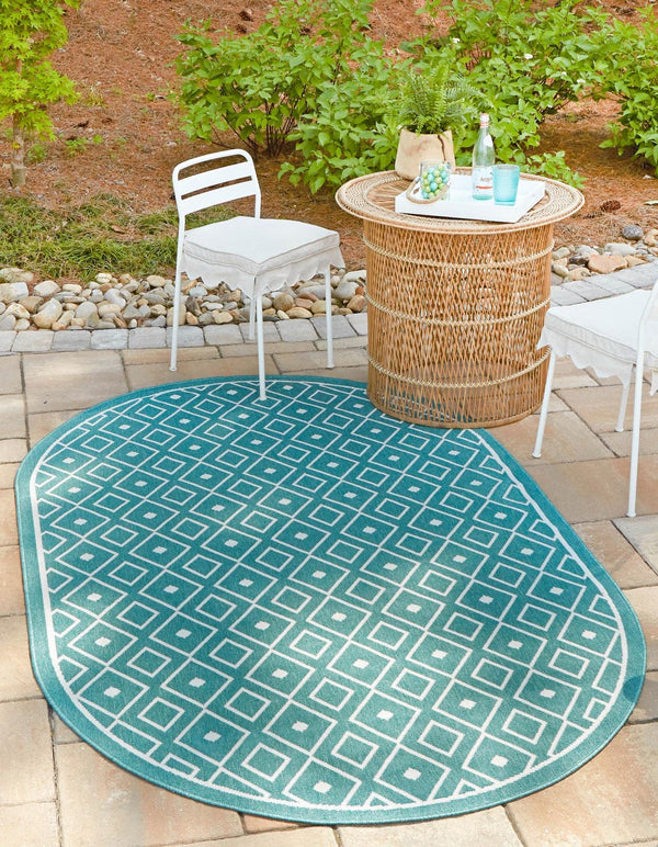 Unique Loom Outdoor Trellis Kafes Machine Made Geometric Rug Teal, Ivory 7' 10" x 10' 0"