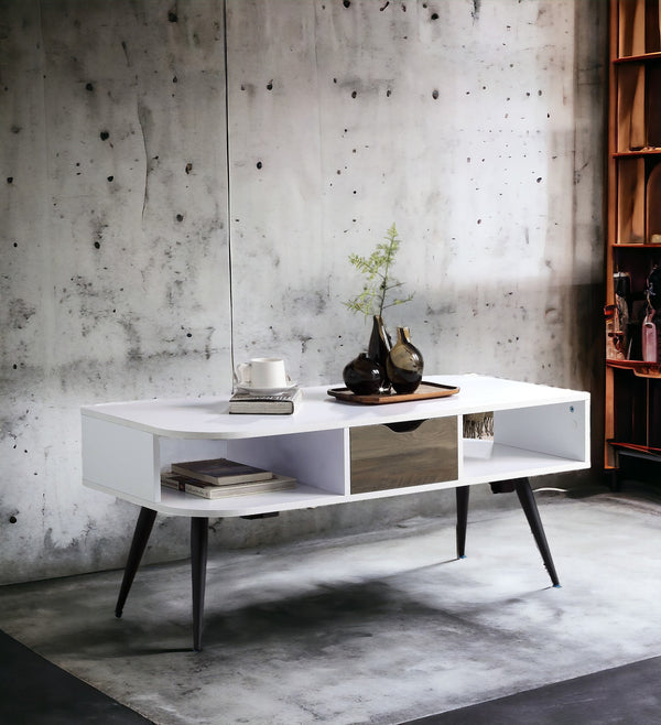 English Elm Halima Modern White & Black Coffee Table with Drawer, 2 Open Shelves, Metal Legs, Durable Finish B2726P287756