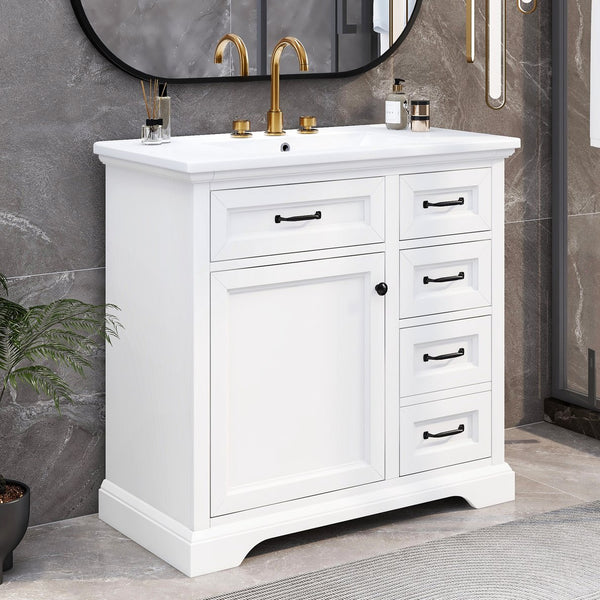 English Elm Christopher Knight Home® - 36" Bathroom Vanity with Ceramic Sink, Soft-Close Doors, 4 Drawers & Ample Storage, Freestanding White N759P223021K