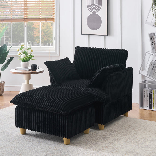 English Elm This single-seat corduroy sofa with ottoman and pillows — compact lounge chair for cozy reading nooks and naps Black W1658S00111