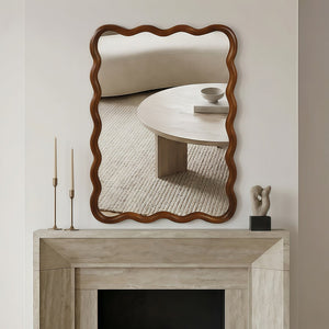 English Elm Black Walnut Solid Wood Wavy Round Mirror Sculptural Bohemian Wall Accent 30 Inch W2203P455235