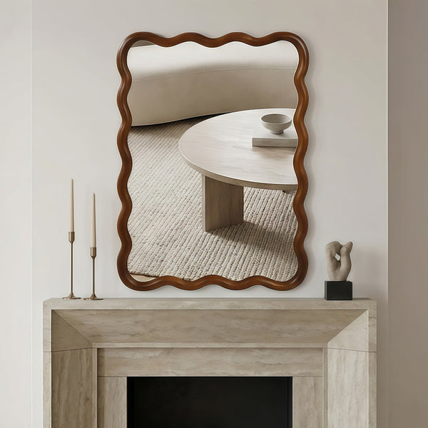 English Elm Black Walnut Solid Wood Wavy Round Mirror Sculptural Bohemian Wall Accent 30 Inch W2203P455235