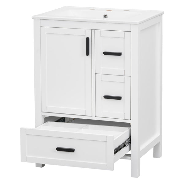 English Elm Modern 24 Inch Bathroom Vanity Solid Wood Cabinet with Ceramic Sink and Soft Close Storage White N729P292859K