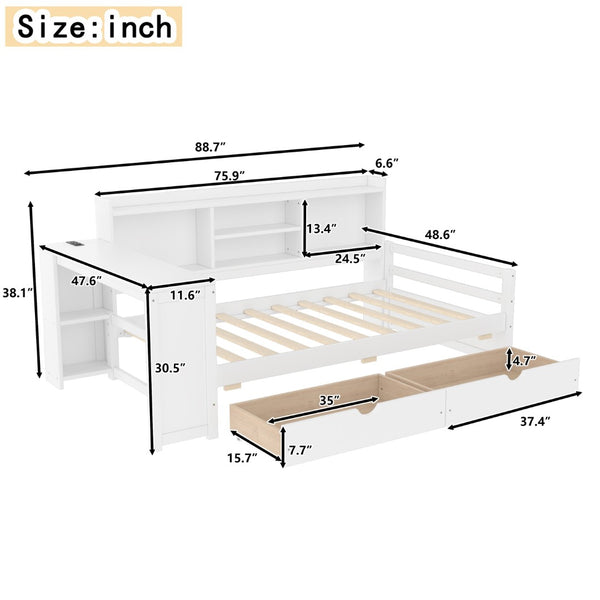 English Elm Twin Corner Daybed Pine Frame Built in Desk Bookcase Drawers Charging Kids Room White W697S00041