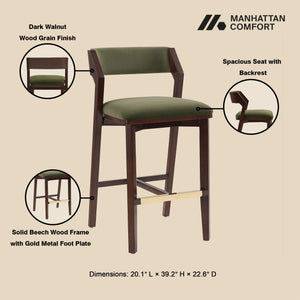 English Elm Patricia Velvet Upholstered Barstool with Dark Walnut Frame, Gold Footrest Accent, Commercial Grade Green B365P398055