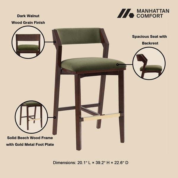 English Elm Patricia Velvet Upholstered Barstool with Dark Walnut Frame, Gold Footrest Accent, Commercial Grade Green B365P398055