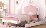 English Elm Twin Size Upholstered Princess Bed With Crown Headboard and 2 Drawers,Twin Size Platform Bed With Headboard and Footboard, Pink+White