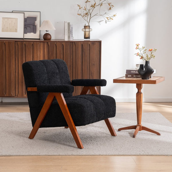 English Elm Mid-century Modern Chenille Accent Chair Cloud Silhouette Oak Frame Living Room Lounge Black W1170P425403