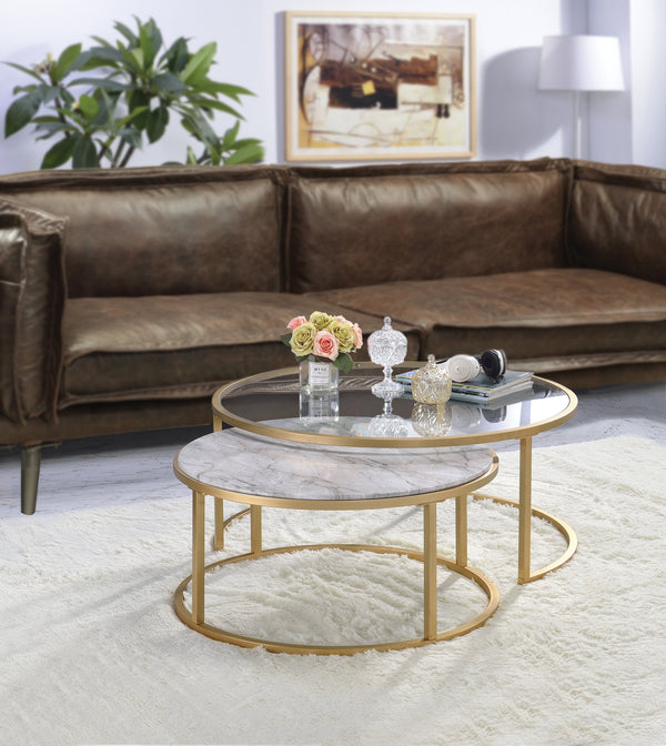English Elm Shanish Faux Marble & Gold Nesting Tables — 2-Piece Drum Shape, Clear Glass Tops, Modern Luxe Decor B2726P251280